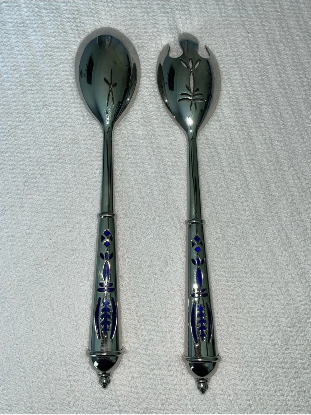 Avon Vintage silver plated serving utensils with cobalt blue glass inserts